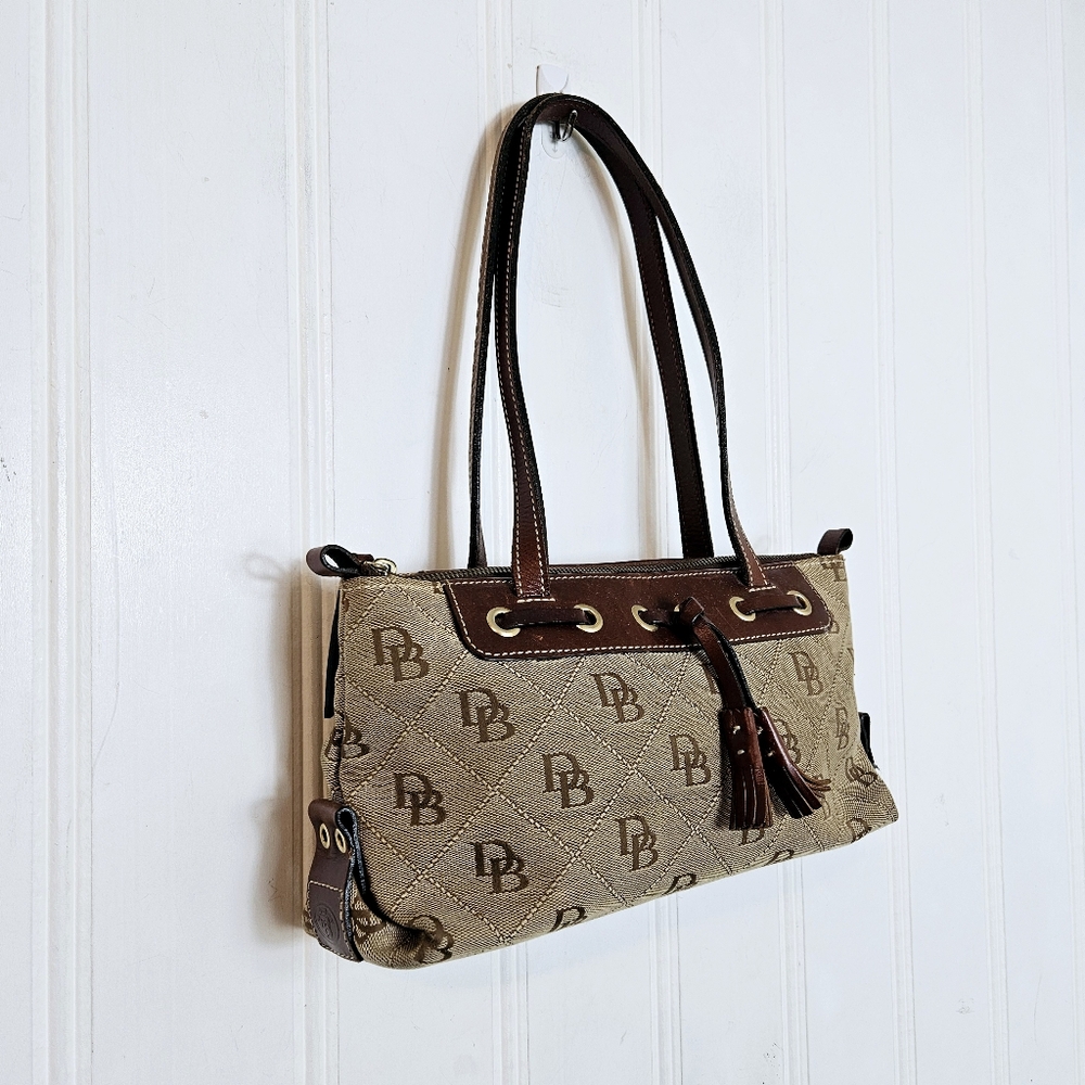Dooney & Bourke Tan Logo Quilted Shoulder Bag with Brown Trim and Tassel